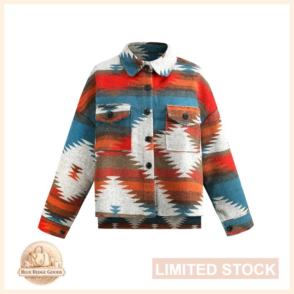 Vintage Aztec Print Oversized Woolen Shacket Button Down Long Sleeve Jacket
